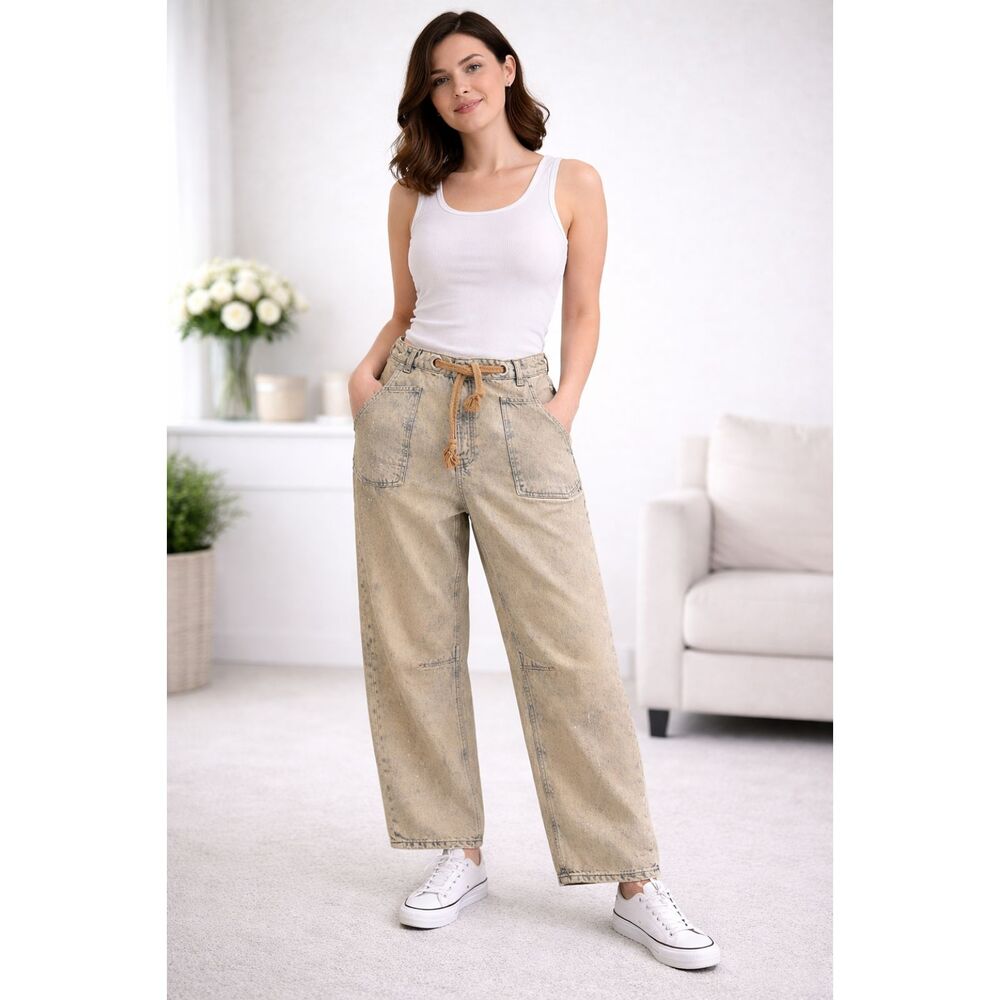 New We The Free Barrel Moxie Low Slung Jeans Pull On Rigid Streetwear Tan 29